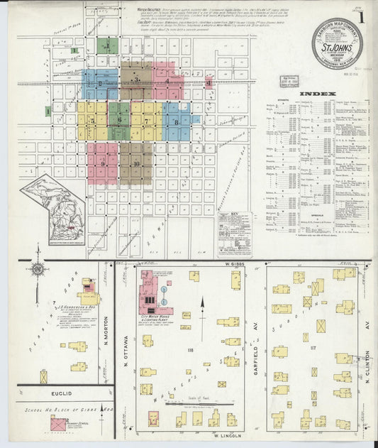 Sanborn Fire Insurance Map from Saint Johns, Clinton County, Michigan (1918), Sheet #0001 - Historic Sanborn Fire Insurance Map Print, vintage old map wall art, antique decor, genealogy gift, Michigan Michigan map
