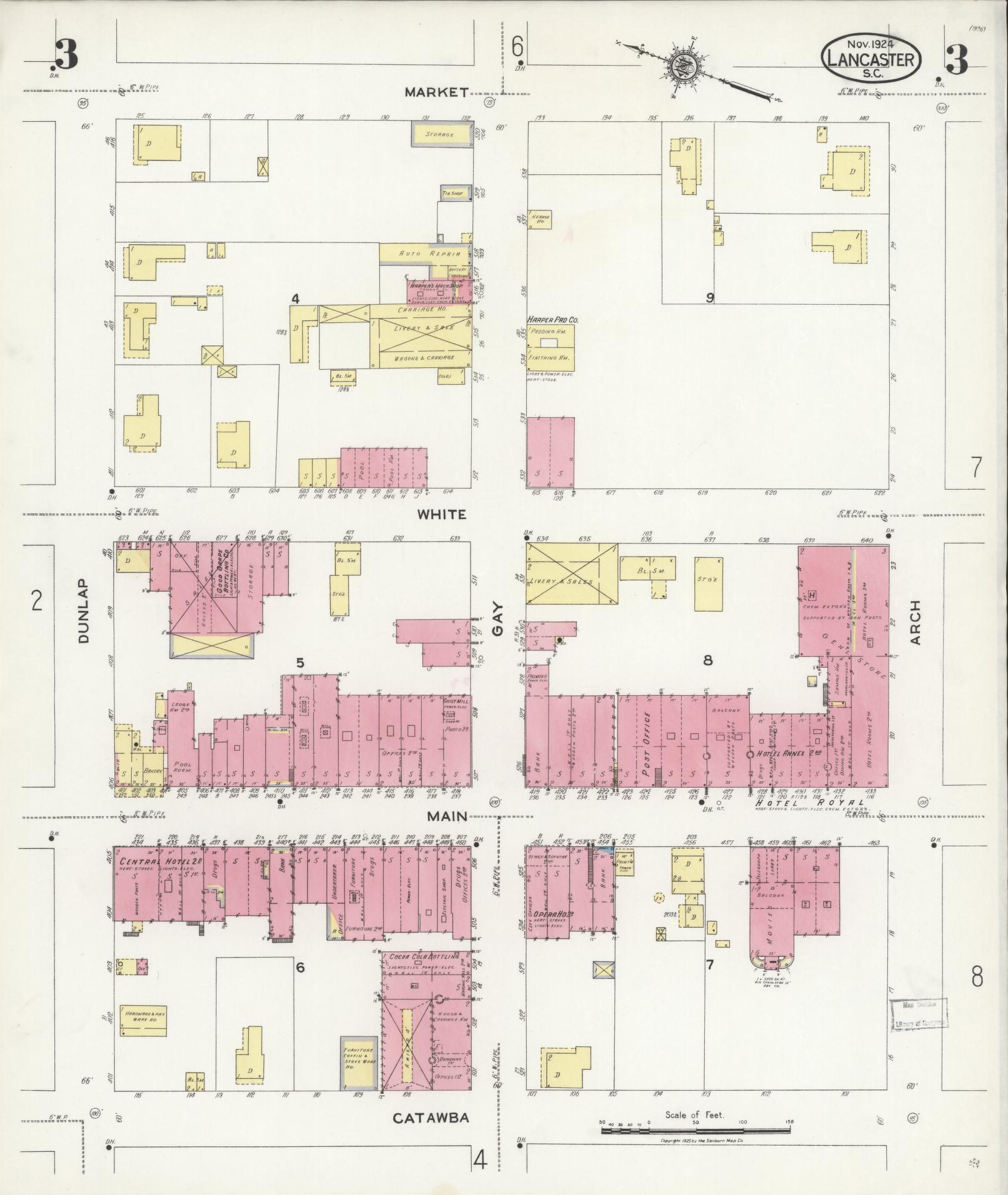 Sanborn Fire Insurance Map from Lancaster, Lancaster County, South Carolina (1924), Sheet #0003 - Complete Map Set gallery image, historic Sanborn map, vintage wall art, South Carolina South Carolina