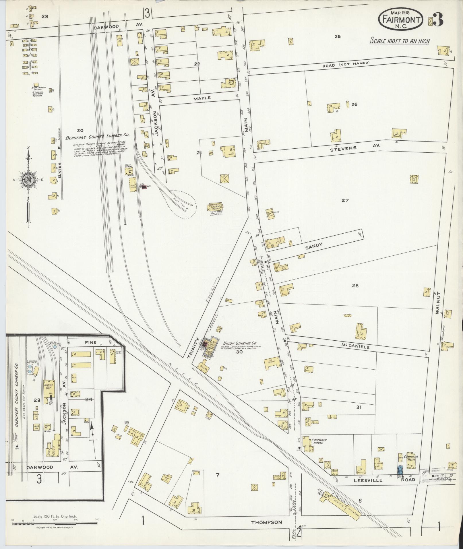 Sanborn Fire Insurance Map from Fairmont, Robeson County, North Carolina (1918), Sheet #0003 - Historic Sanborn Fire Insurance Map Print, vintage old map wall art, antique decor, genealogy gift, North Carolina North Carolina map