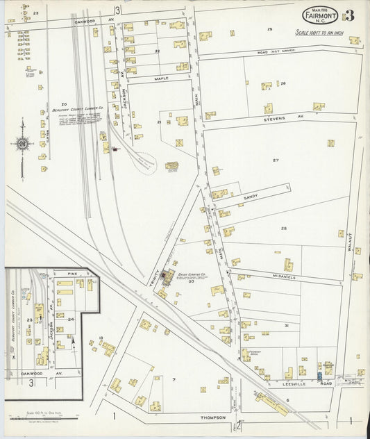 Sanborn Fire Insurance Map from Fairmont, Robeson County, North Carolina (1918), Sheet #0003 - Historic Sanborn Fire Insurance Map Print, vintage old map wall art, antique decor, genealogy gift, North Carolina North Carolina map