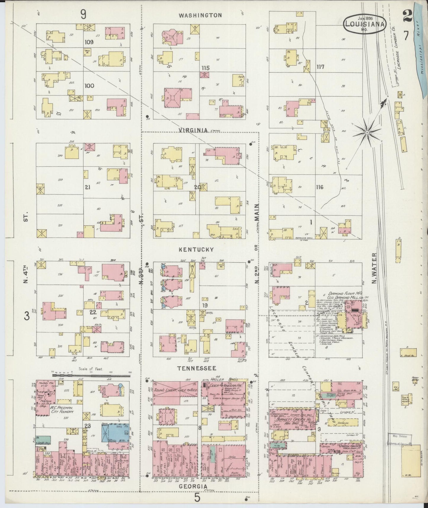 Sanborn Fire Insurance Map from Louisiana, Pike County, Missouri (1896), Sheet #0002 - Complete Map Set gallery image, historic Sanborn map, vintage wall art, Missouri Missouri
