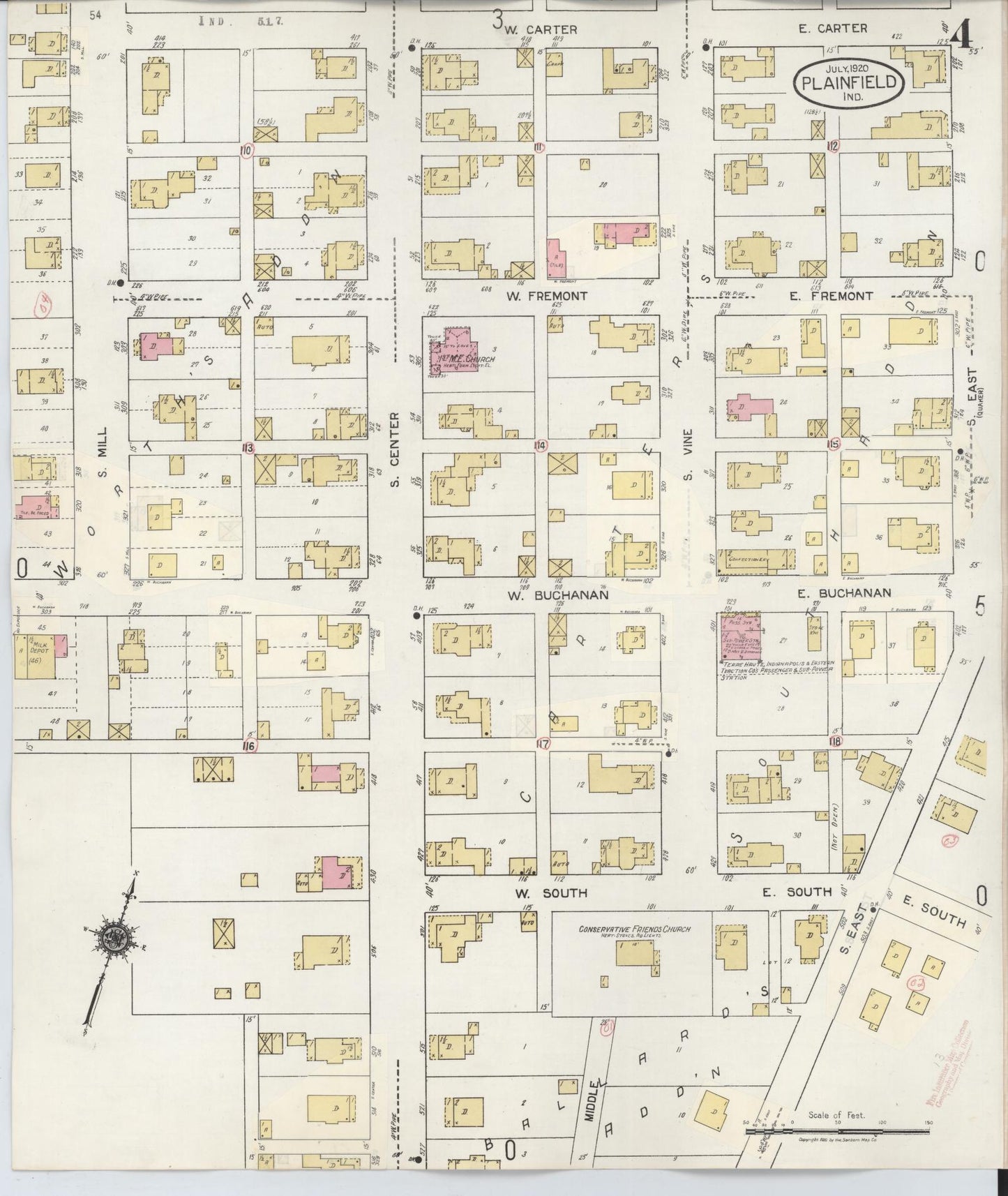 Sanborn Fire Insurance Map from Plainfield, Hendricks County, Indiana (1920), Sheet #0004 - Complete Map Set gallery image, historic Sanborn map, vintage wall art, Indiana Indiana