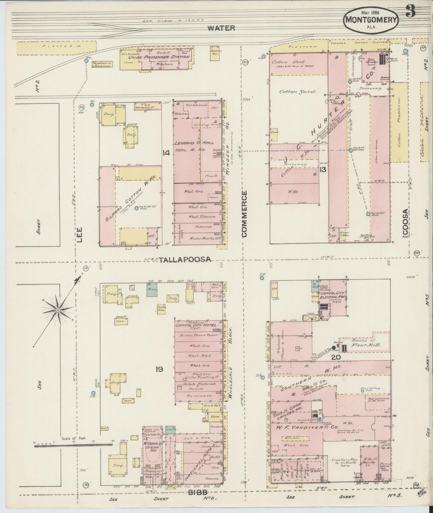 Sanborn Fire Insurance Map from Montgomery, Montgomery County, Alabama (1888), Sheet #0003 - Historic Sanborn Fire Insurance Map Print, vintage old map wall art, antique decor, genealogy gift, Alabama Alabama map