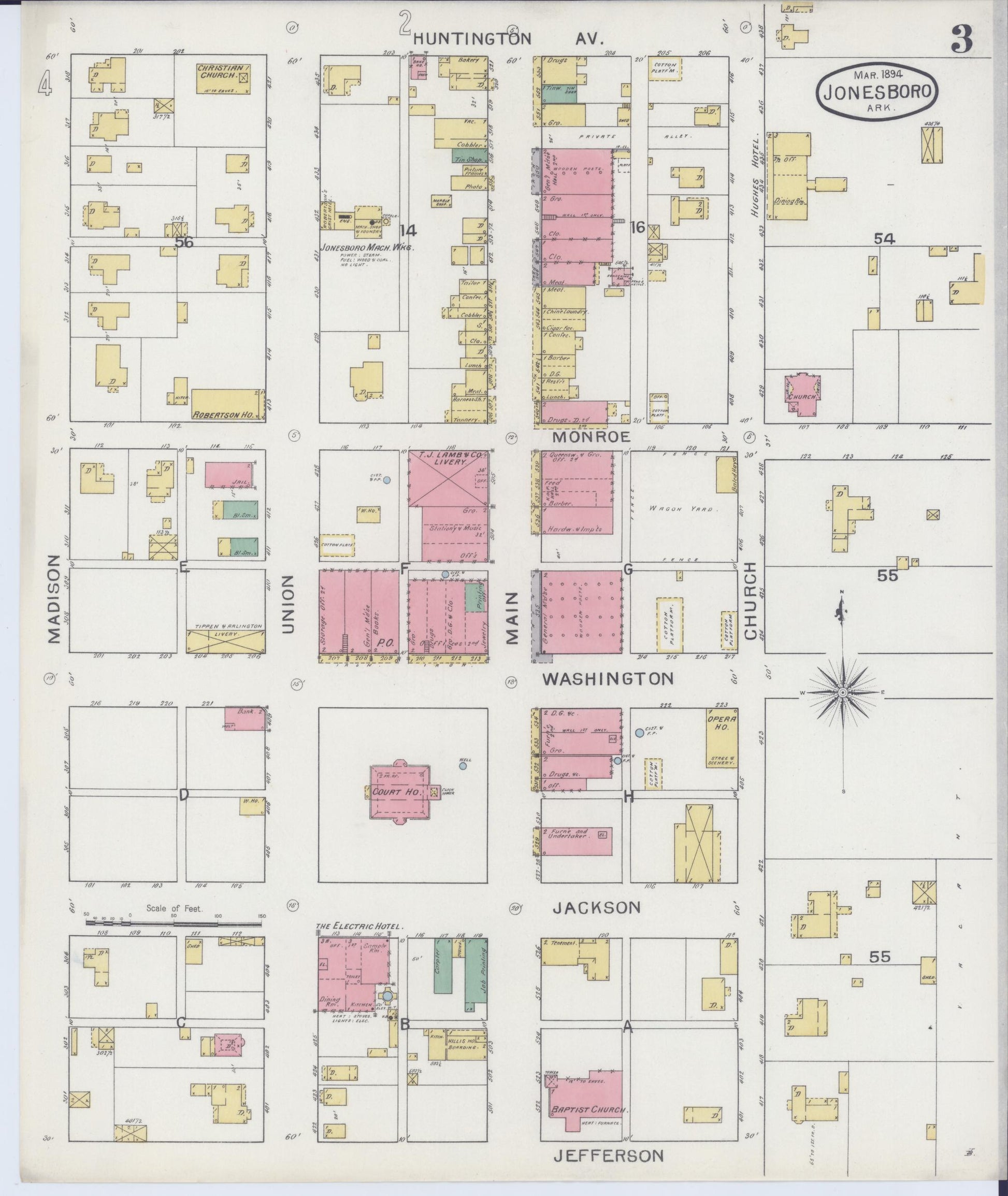 Sanborn Fire Insurance Map from Jonesboro, Craighead County, Arkansas (1894), Sheet #0003 - Historic Sanborn Fire Insurance Map Print, vintage old map wall art, antique decor, genealogy gift, Arkansas Arkansas map