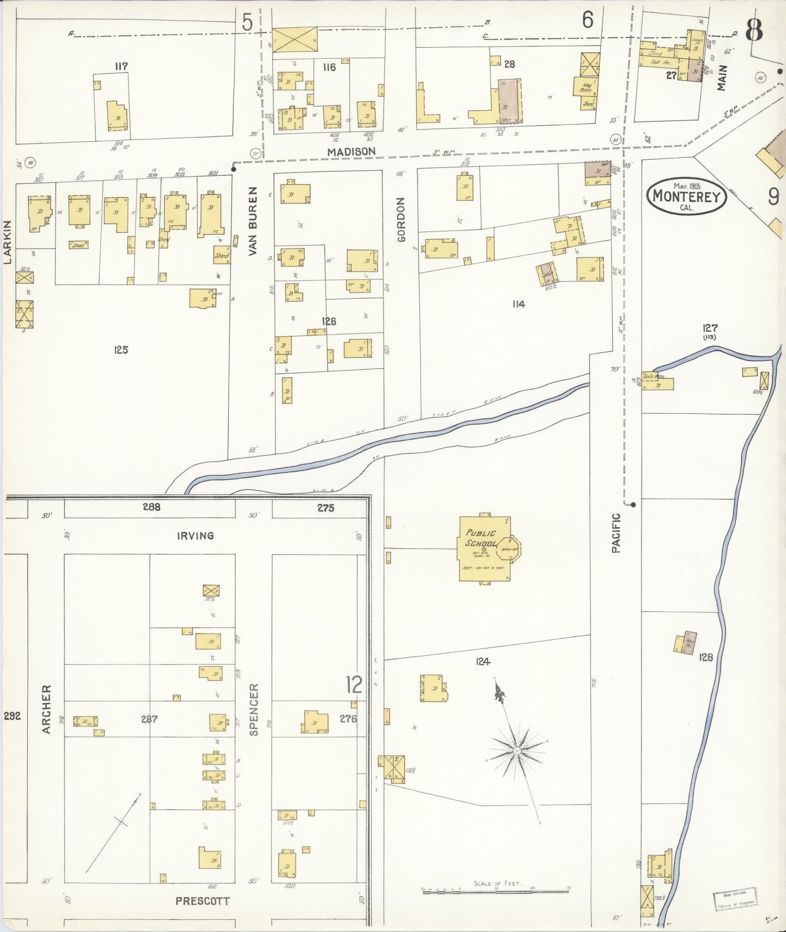 Sanborn Fire Insurance Map from Monterey, Monterey County, California (1905), Sheet #0008 - Historic Sanborn Fire Insurance Map Print, vintage old map wall art, antique decor, genealogy gift, California California map