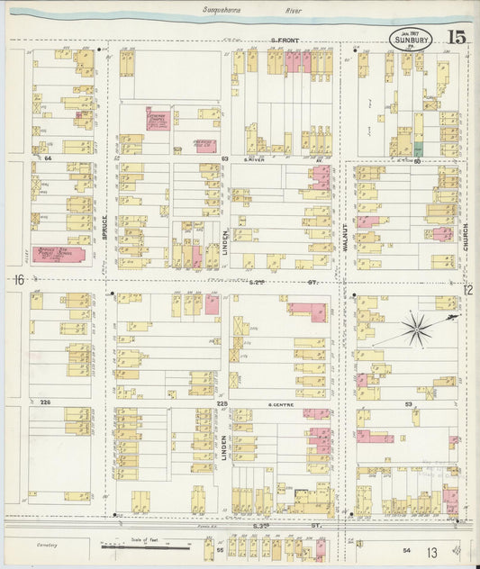 Sanborn Fire Insurance Map from Sunbury, Northumberland County, Pennsylvania (1907), Sheet #0015 - Historic Sanborn Fire Insurance Map Print, vintage old map wall art, antique decor, genealogy gift, Pennsylvania Pennsylvania map