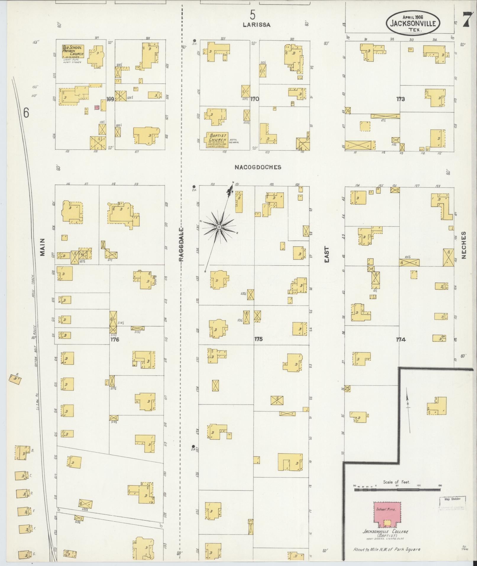 Sanborn Fire Insurance Map from Jacksonville, Cherokee County, Texas (1906), Sheet #0007 - Complete Map Set gallery image, historic Sanborn map, vintage wall art, Texas Texas