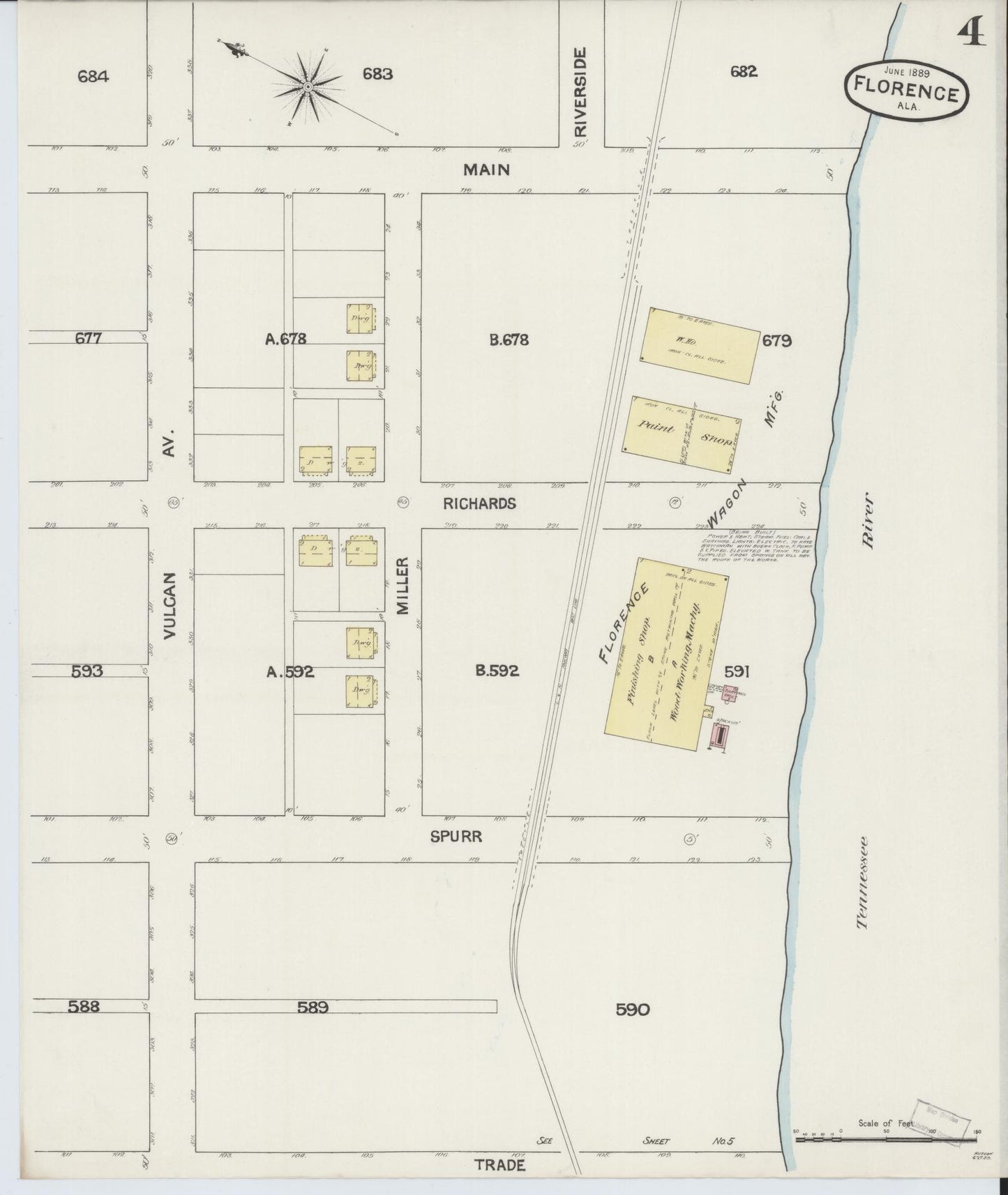 Sanborn Fire Insurance Map from Florence, Lauderdale County, Alabama (1889), Sheet #0004 - Historic Sanborn Fire Insurance Map Print, vintage old map wall art, antique decor, genealogy gift, Alabama Alabama map