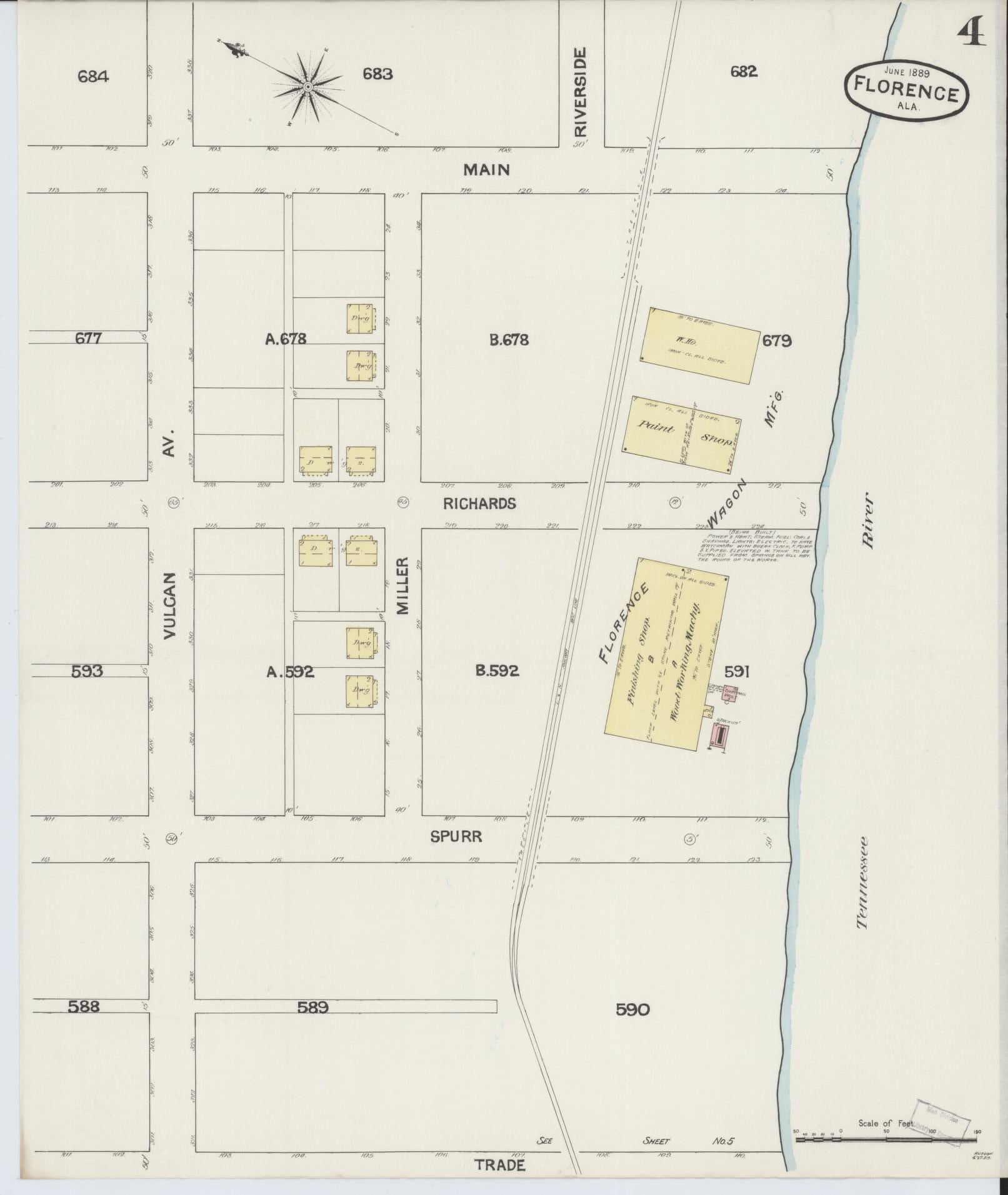 Sanborn Fire Insurance Map from Florence, Lauderdale County, Alabama (1889), Sheet #0004 - Historic Sanborn Fire Insurance Map Print, vintage old map wall art, antique decor, genealogy gift, Alabama Alabama map