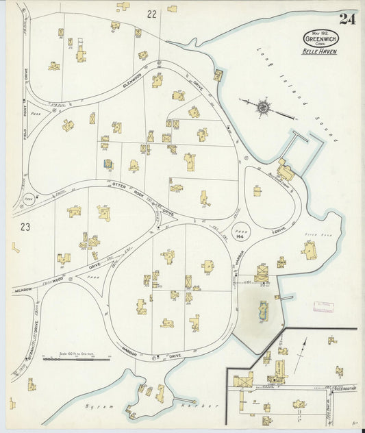 Sanborn Fire Insurance Map from Greenwich, Fairfield County, Connecticut (1912), Sheet #0024 - Historic Sanborn Fire Insurance Map Print, vintage old map wall art, antique decor, genealogy gift, Connecticut Connecticut map