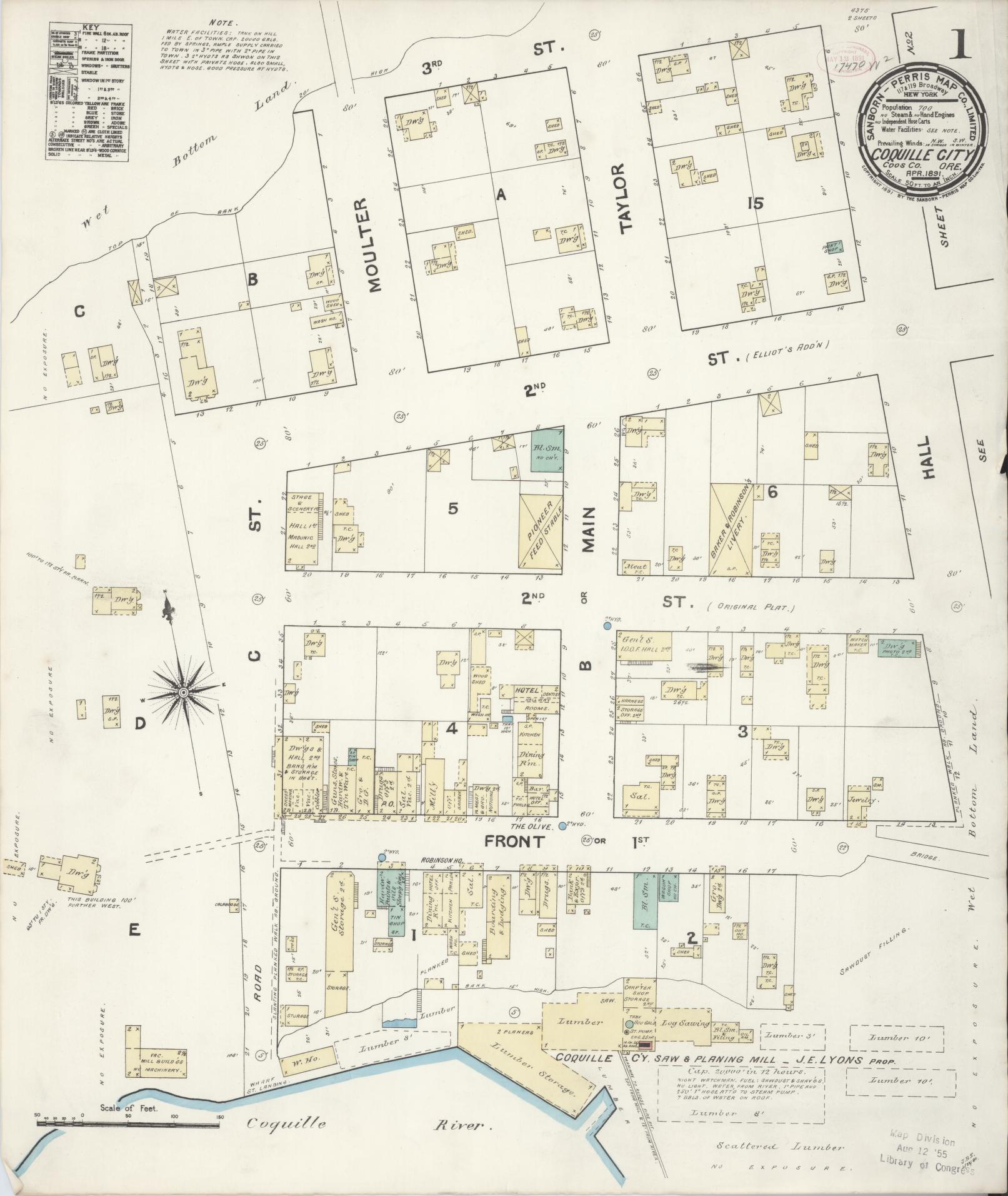 Sanborn Fire Insurance Map from Coquille, Coos County, Oregon (1891), Sheet #0001 - Complete Map Set gallery image, historic Sanborn map, vintage wall art, Oregon Oregon