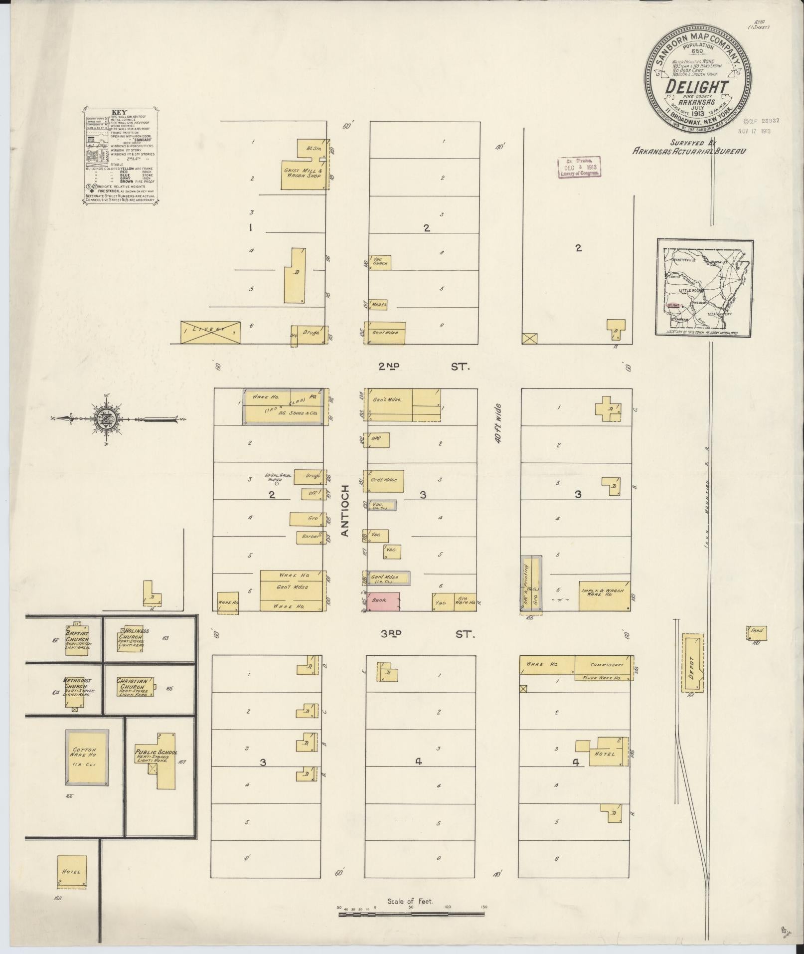 Sanborn Fire Insurance Map from Delight, Pike County, Arkansas (1913), Sheet #0001 - Historic Sanborn Fire Insurance Map Print, vintage old map wall art, antique decor, genealogy gift, Arkansas Arkansas map