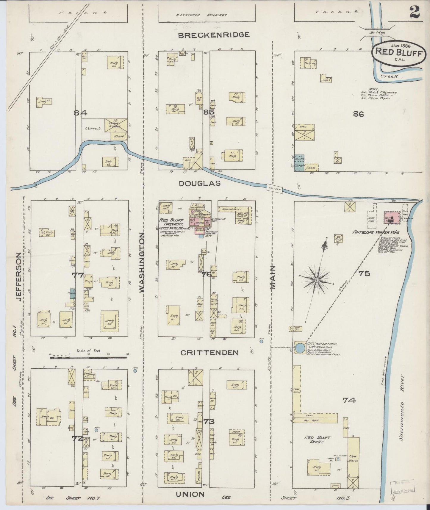 Sanborn Fire Insurance Map from Red Bluff, Tehama County, California (1886), Sheet #0002 - Complete Map Set gallery image, historic Sanborn map, vintage wall art, California California