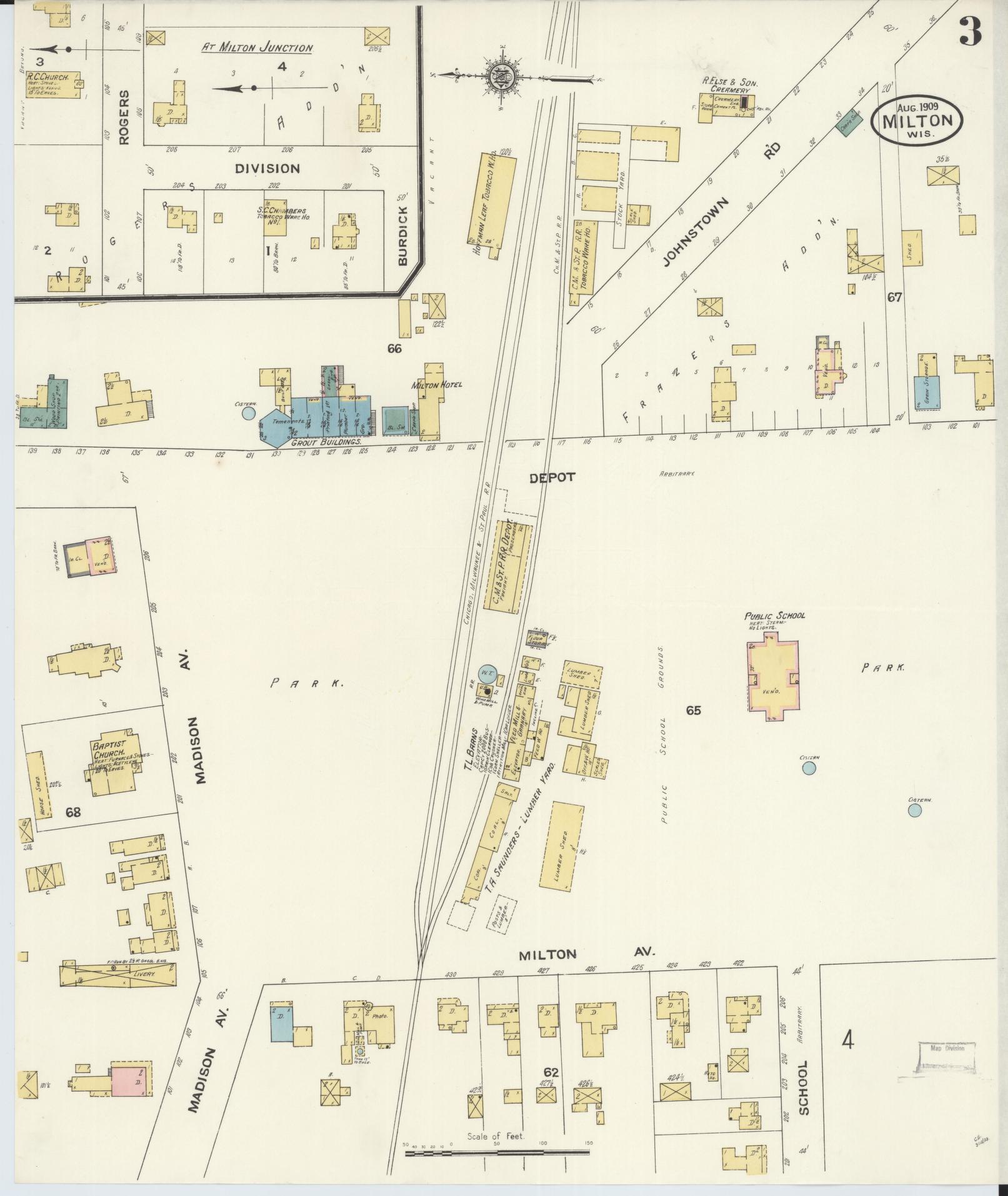 Sanborn Fire Insurance Map from Milton, Rock County, Wisconsin (1909), Sheet #0003 - Complete Map Set gallery image, historic Sanborn map, vintage wall art, Wisconsin Wisconsin