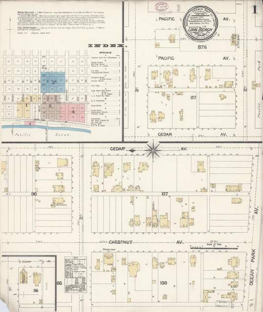 Sanborn Fire Insurance Map from Long Beach, Los Angeles County, California (1895), Sheet #0001 - Complete Map Set gallery image, historic Sanborn map, vintage wall art, California California