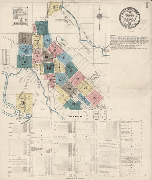 Sanborn Fire Insurance Map from Chehalis, Lewis County, Washington (1912), Sheet #0001 - Complete Map Set gallery image, historic Sanborn map, vintage wall art, Washington Washington