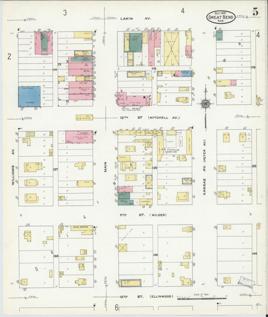 Sanborn Fire Insurance Map from Great Bend, Barton County, Kansas (1909), Sheet #0005 - Historic Sanborn Fire Insurance Map Print, vintage old map wall art, antique decor, genealogy gift, Kansas Kansas map