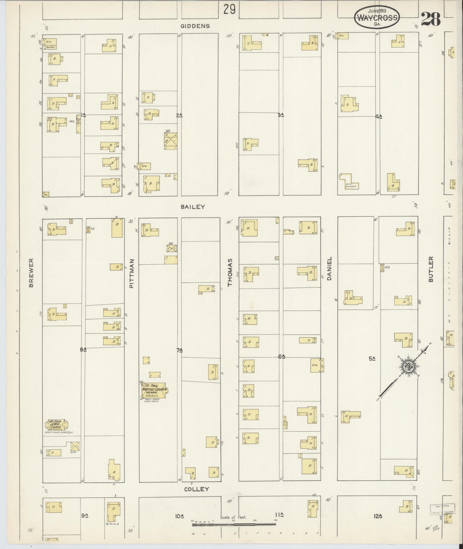 Sanborn Fire Insurance Map from Waycross, Ware County, Georgia (1913), Sheet #0028 - Complete Map Set gallery image, historic Sanborn map, vintage wall art, Georgia Georgia