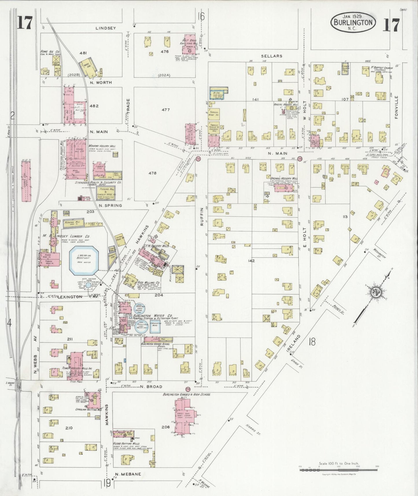Sanborn Fire Insurance Map from Burlington, Alamance County, North Carolina (1929), Sheet #0017 - Historic Sanborn Fire Insurance Map Print, vintage old map wall art, antique decor, genealogy gift, North Carolina North Carolina map