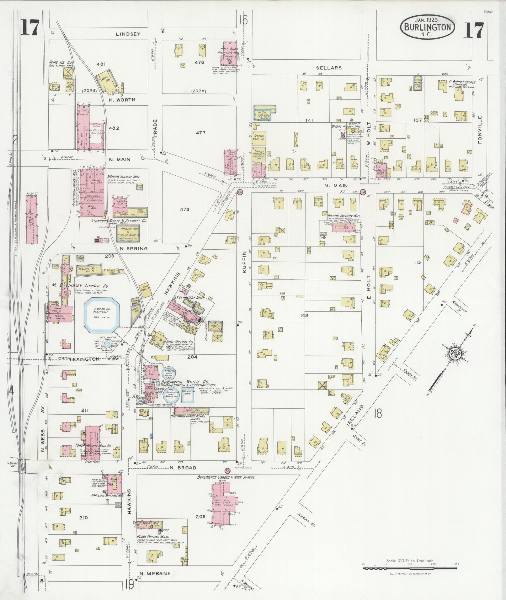 Sanborn Fire Insurance Map from Burlington, Alamance County, North Carolina (1929), Sheet #0017 - Historic Sanborn Fire Insurance Map Print, vintage old map wall art, antique decor, genealogy gift, North Carolina North Carolina map