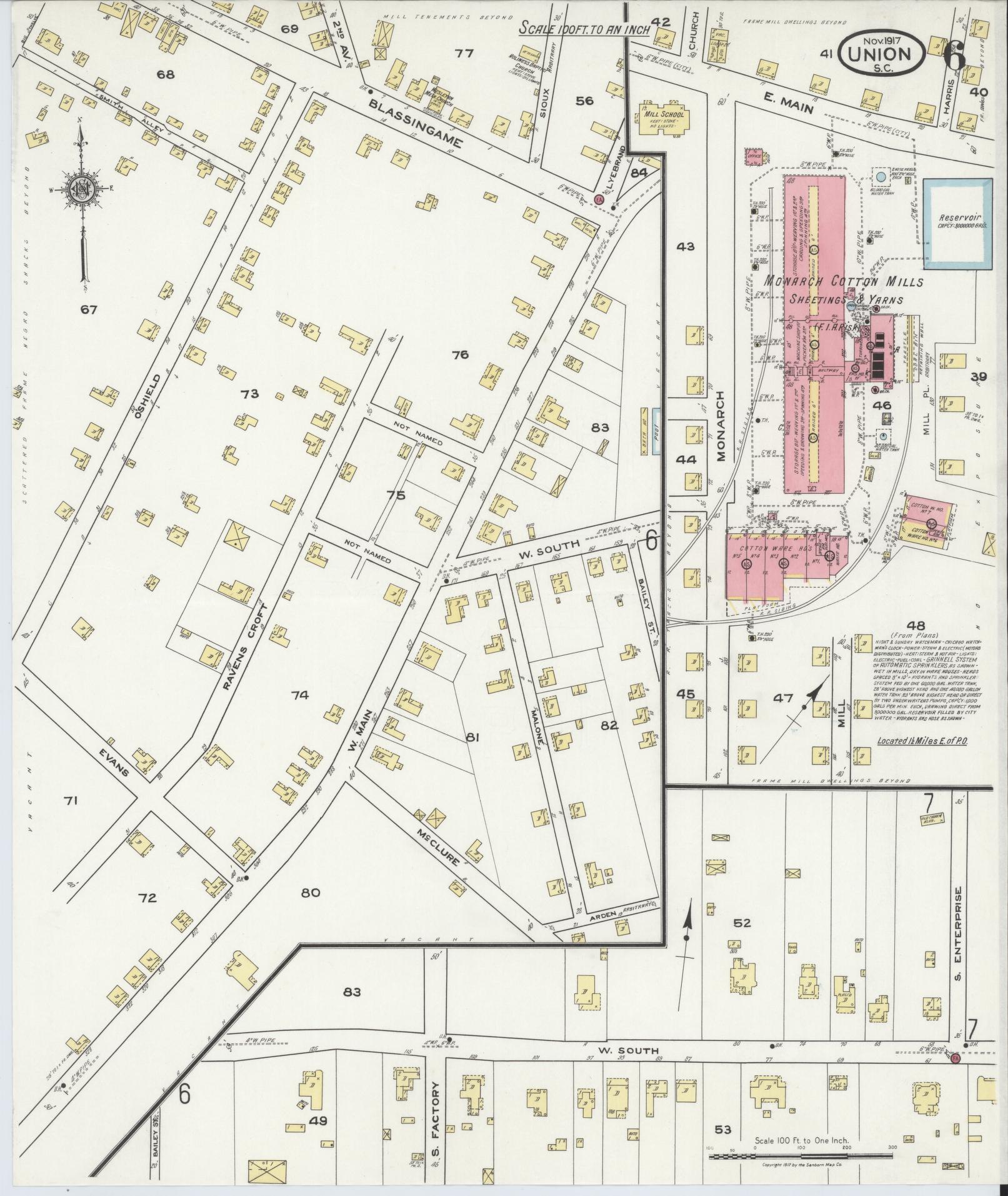 Sanborn Fire Insurance Map from Union, Union County, South Carolina (1917), Sheet #0006 - Historic Sanborn Fire Insurance Map Print, vintage old map wall art, antique decor, genealogy gift, South Carolina South Carolina map