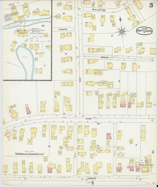Sanborn Fire Insurance Map from Brattleboro, Windham County, Vermont (1896), Sheet #0003 - Historic Sanborn Fire Insurance Map Print, vintage old map wall art, antique decor, genealogy gift, Vermont Vermont map