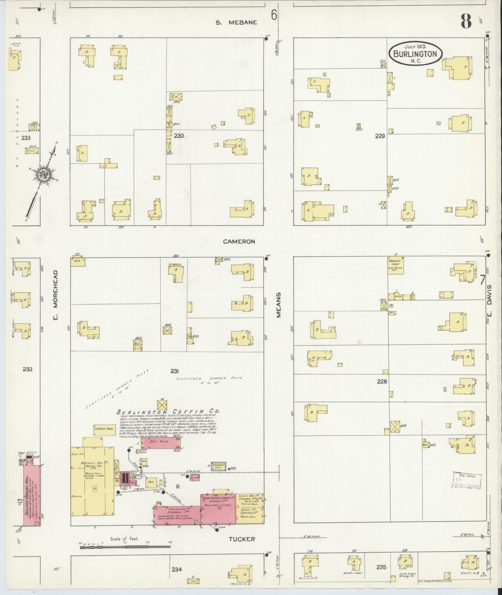 Sanborn Fire Insurance Map from Burlington, Alamance County, North Carolina (1913), Sheet #0008 - Historic Sanborn Fire Insurance Map Print, vintage old map wall art, antique decor, genealogy gift, North Carolina North Carolina map