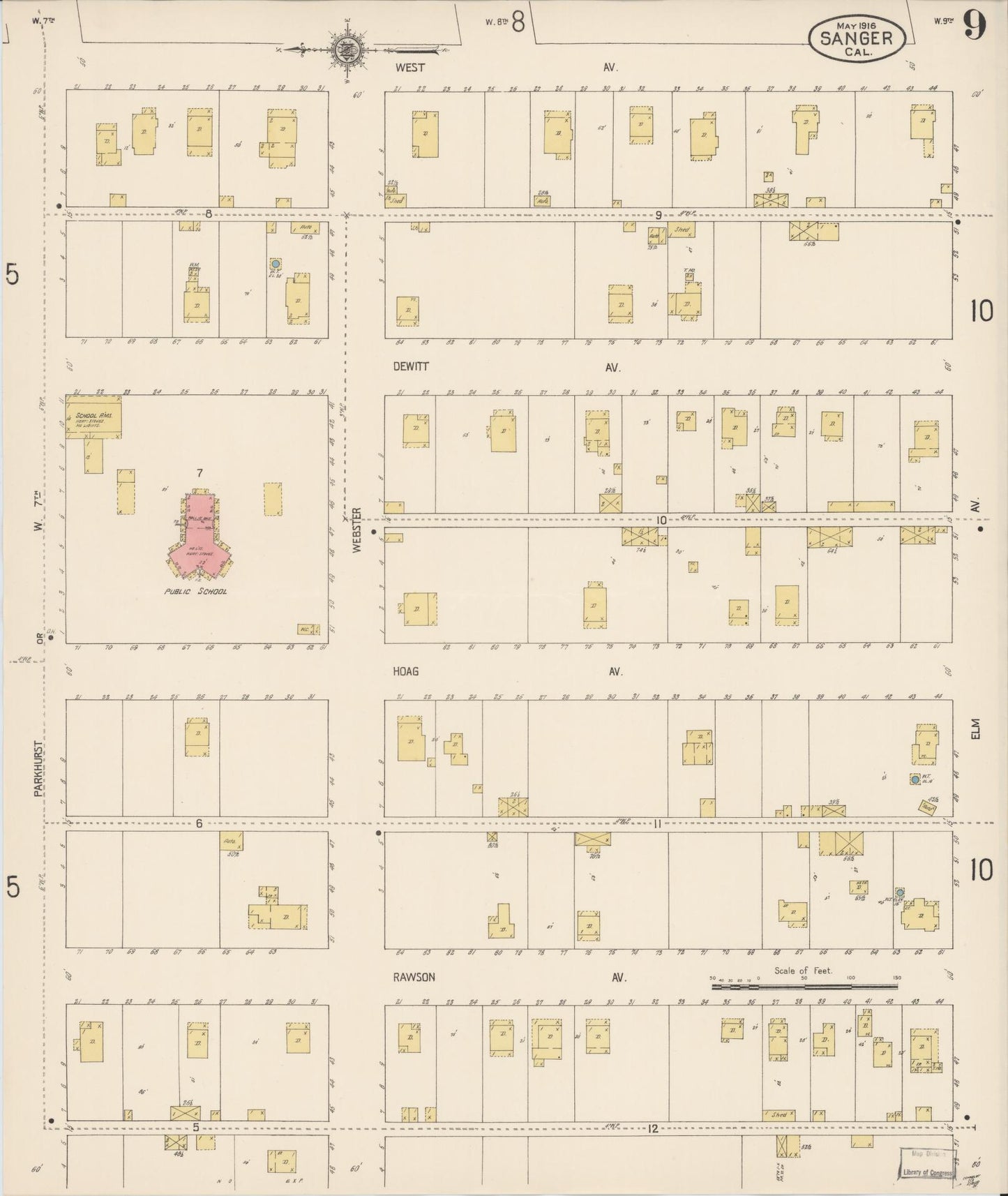 Sanborn Fire Insurance Map from Sanger, Fresno County, California (1916), Sheet #0009 - Complete Map Set gallery image, historic Sanborn map, vintage wall art, California California