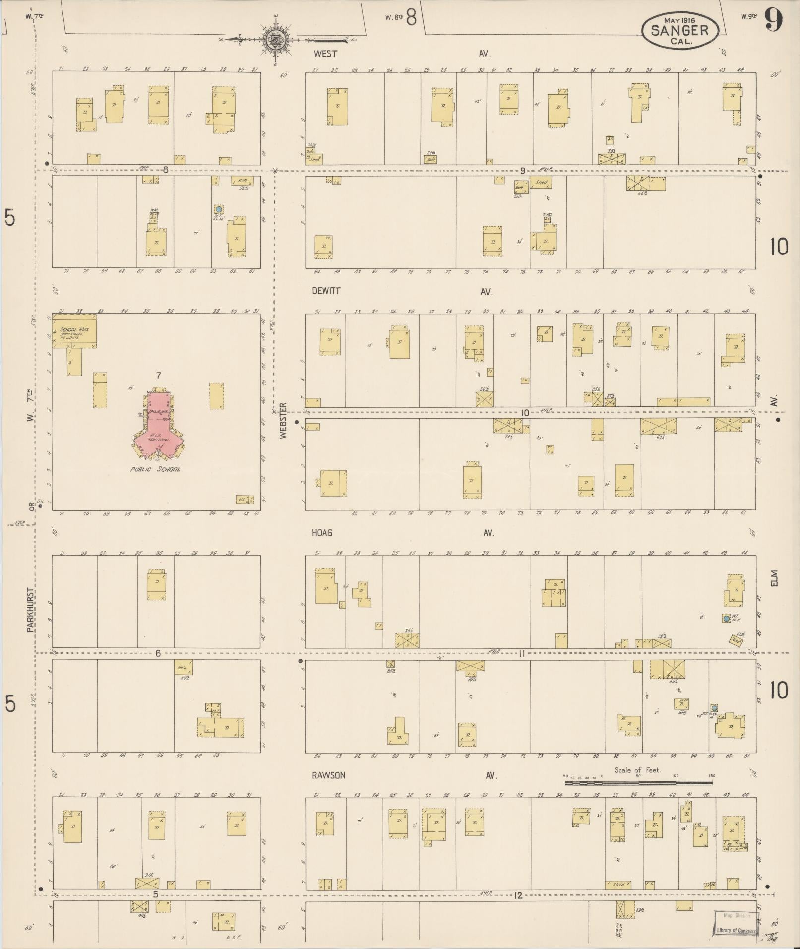 Sanborn Fire Insurance Map from Sanger, Fresno County, California (1916), Sheet #0009 - Complete Map Set gallery image, historic Sanborn map, vintage wall art, California California