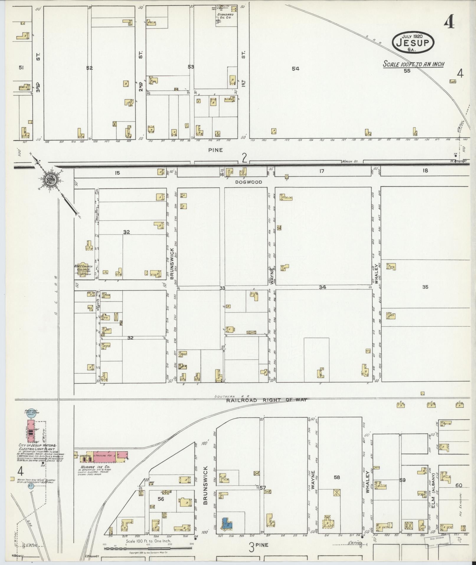 Sanborn Fire Insurance Map from Jesup, Wayne County, Georgia (1920), Sheet #0004 - Historic Sanborn Fire Insurance Map Print, vintage old map wall art, antique decor, genealogy gift, Georgia Georgia map