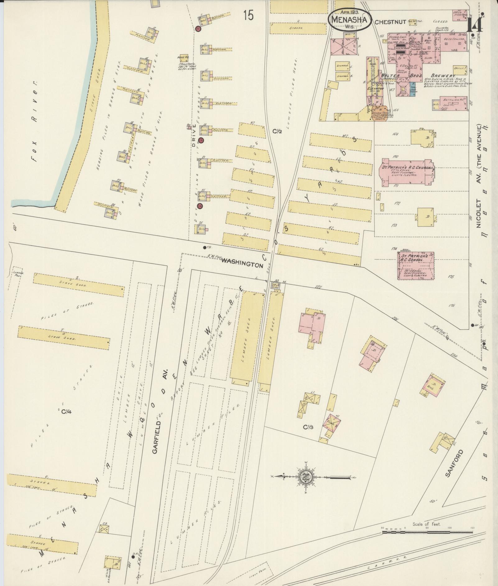 Sanborn Fire Insurance Map from Menasha, Winnebago County, Wisconsin (1913), Sheet #0014 - Historic Sanborn Fire Insurance Map Print, vintage old map wall art, antique decor, genealogy gift, Wisconsin Wisconsin map