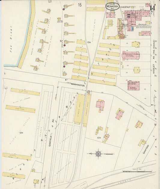 Sanborn Fire Insurance Map from Menasha, Winnebago County, Wisconsin (1913), Sheet #0014 - Historic Sanborn Fire Insurance Map Print, vintage old map wall art, antique decor, genealogy gift, Wisconsin Wisconsin map