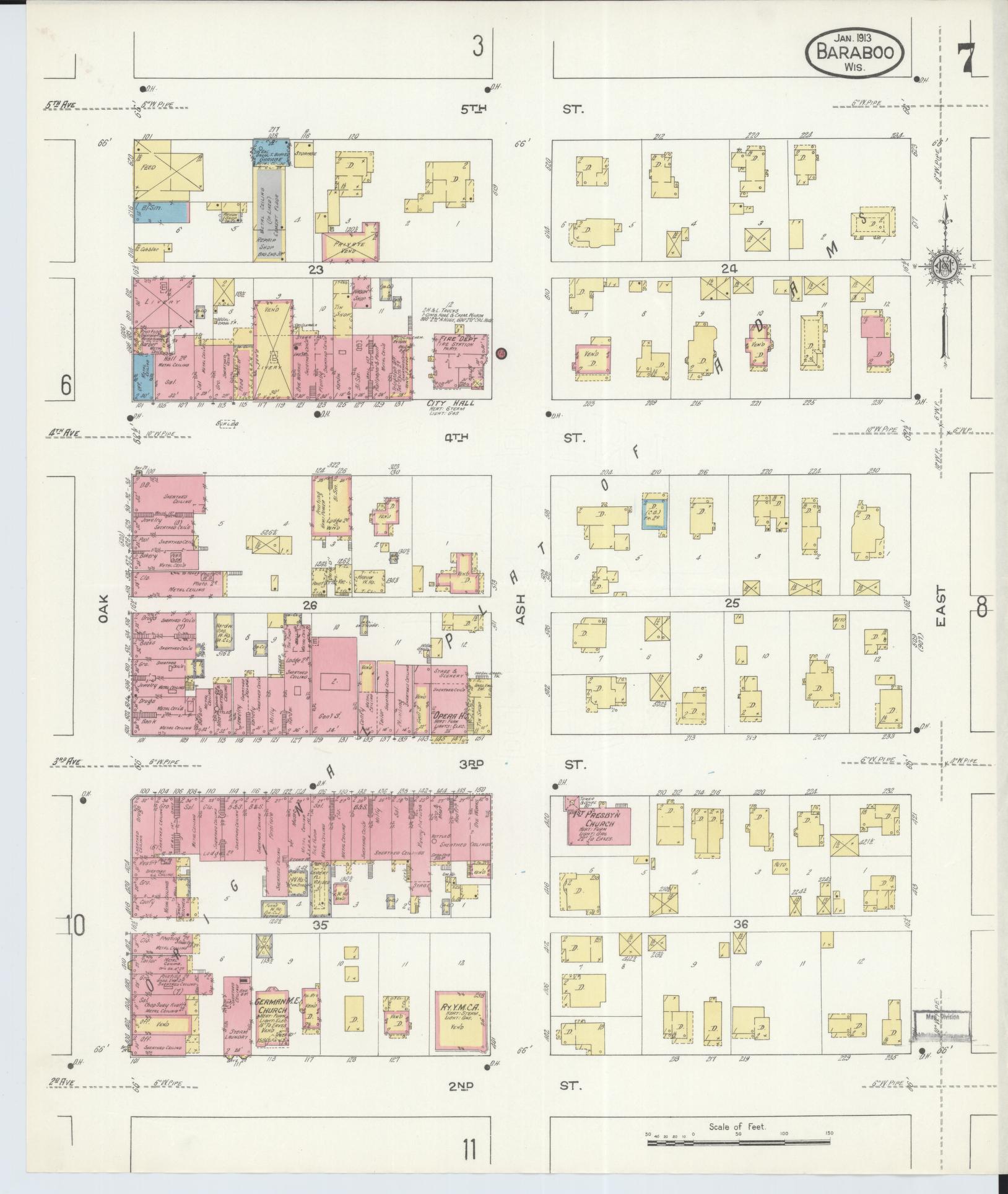 Sanborn Fire Insurance Map from Baraboo, Sauk County, Wisconsin (1913), Sheet #0007 - Complete Map Set gallery image, historic Sanborn map, vintage wall art, Wisconsin Wisconsin