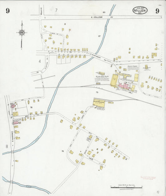 Sanborn Fire Insurance Map from Millen, Jenkins County, Georgia (1927), Sheet #0009 - Historic Sanborn Fire Insurance Map Print, vintage old map wall art, antique decor, genealogy gift, Georgia Georgia map
