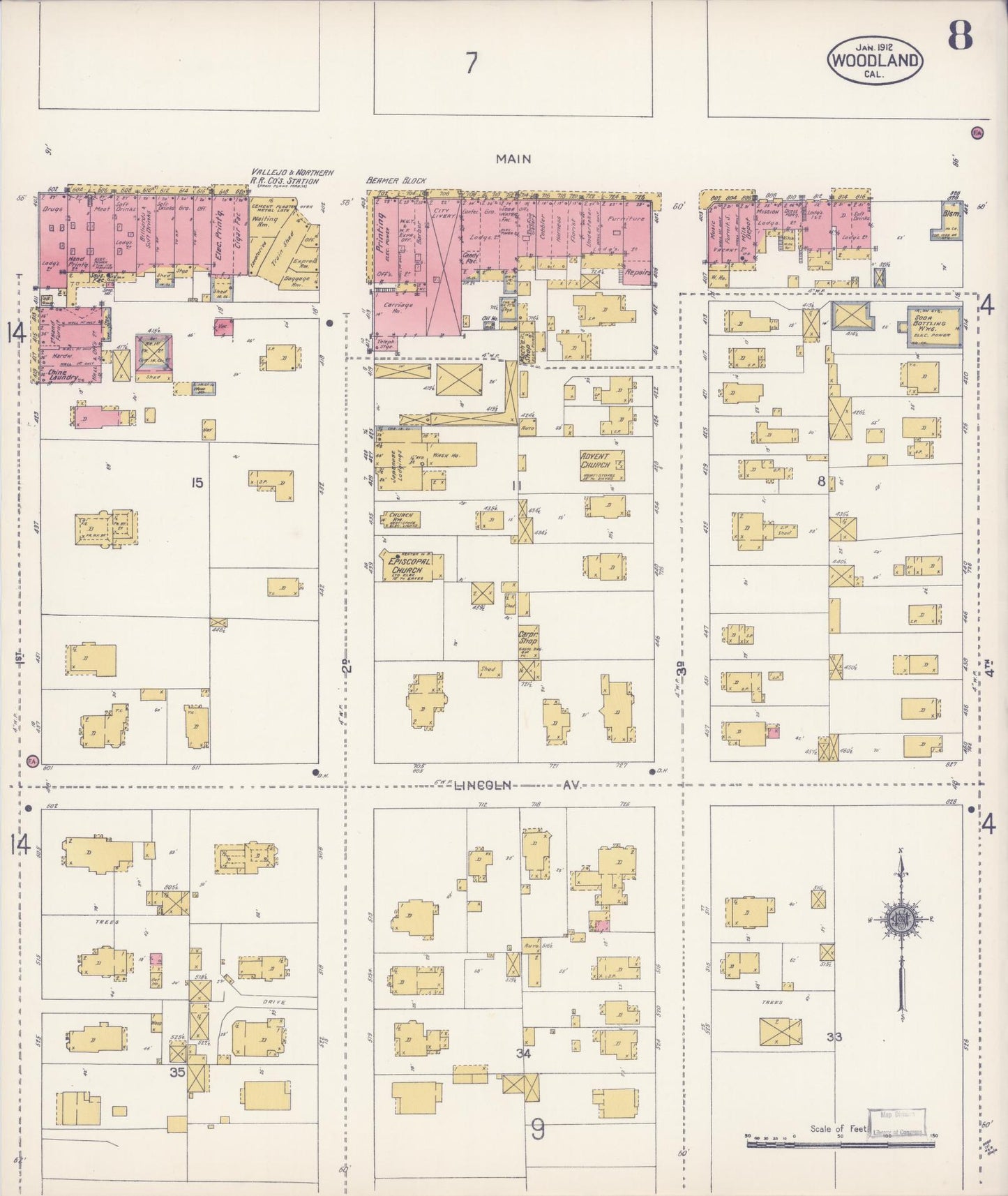 Sanborn Fire Insurance Map from Woodland, Yolo County, California (1912), Sheet #0008 - Complete Map Set gallery image, historic Sanborn map, vintage wall art, California California