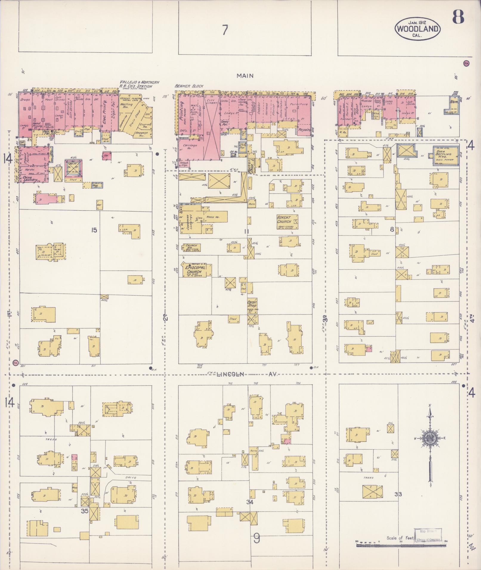 Sanborn Fire Insurance Map from Woodland, Yolo County, California (1912), Sheet #0008 - Complete Map Set gallery image, historic Sanborn map, vintage wall art, California California