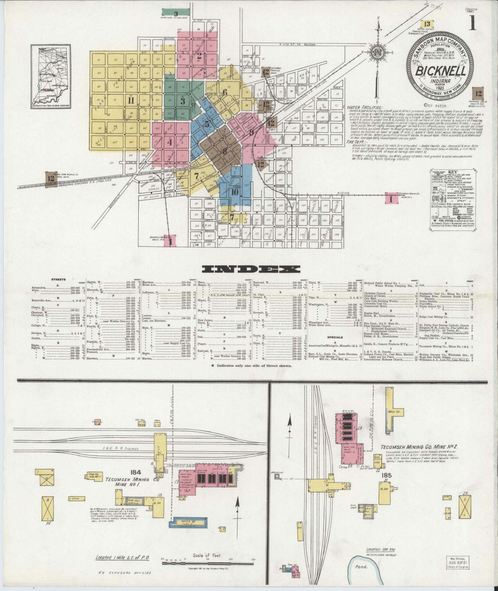Sanborn Fire Insurance Map from Bicknell, Knox County, Indiana (1921), Sheet #0001 - Complete Map Set gallery image, historic Sanborn map, vintage wall art, Indiana Indiana