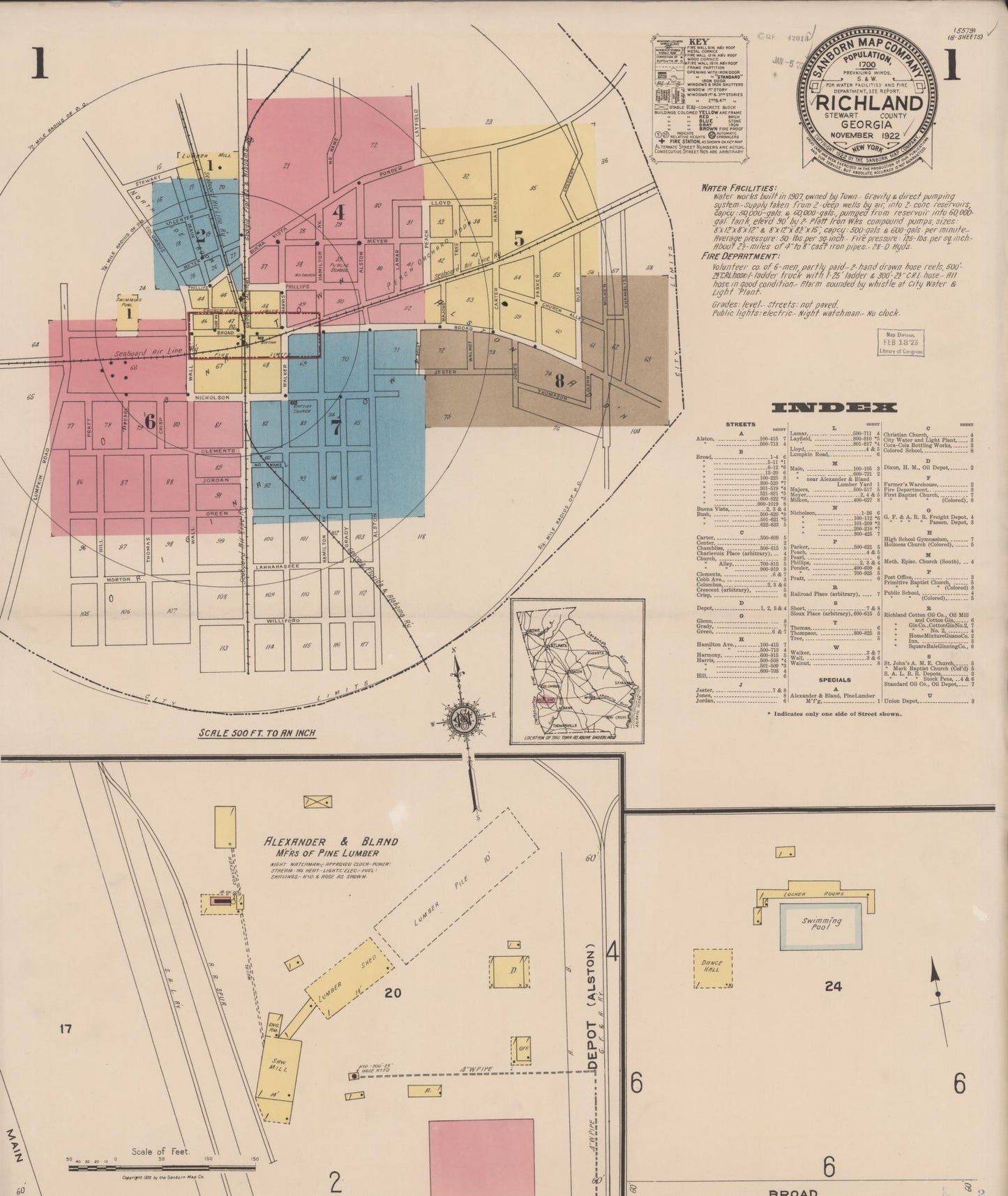 Sanborn Fire Insurance Map from Richland, Stewart County, Georgia (1922), Sheet #0001 - Historic Sanborn Fire Insurance Map Print, vintage old map wall art, antique decor, genealogy gift, Georgia Georgia map
