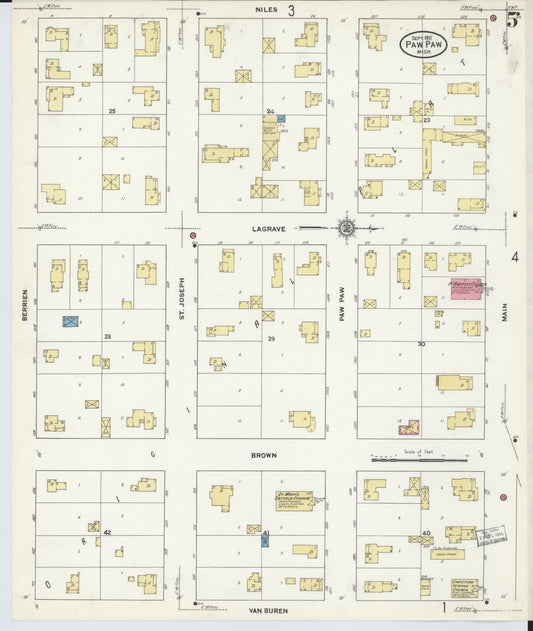 Sanborn Fire Insurance Map from Paw Paw, Van Buren County, Michigan (1911), Sheet #0005 - Historic Sanborn Fire Insurance Map Print, vintage old map wall art, antique decor, genealogy gift, Michigan Michigan map