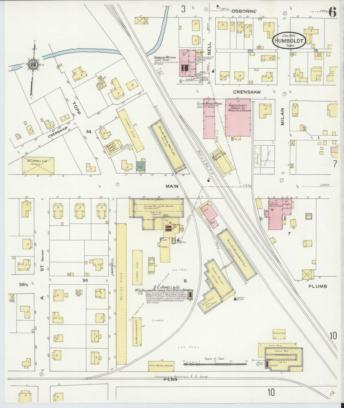 Sanborn Fire Insurance Map from Humboldt, Gibson County, Tennessee (1910), Sheet #0006 - Complete Map Set gallery image, historic Sanborn map, vintage wall art, Tennessee Tennessee