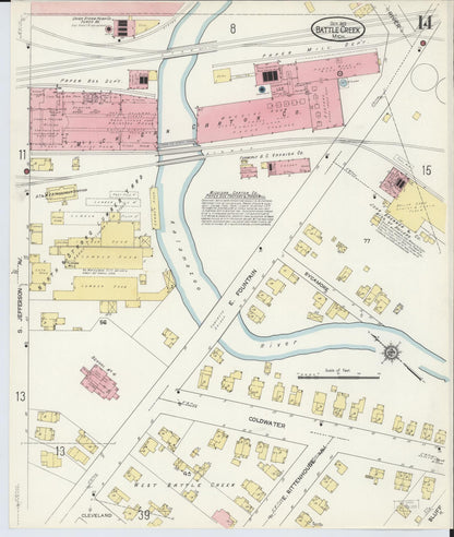 Sanborn Fire Insurance Map from Battle Creek, Calhoun County, Michigan (1913), Sheet #0014 - Historic Sanborn Fire Insurance Map Print, vintage old map wall art, antique decor, genealogy gift, Michigan Michigan map