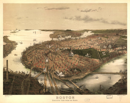 Boston bird's-eye view from the north. (1877) – Historic Bird’s-Eye View Panorama Print