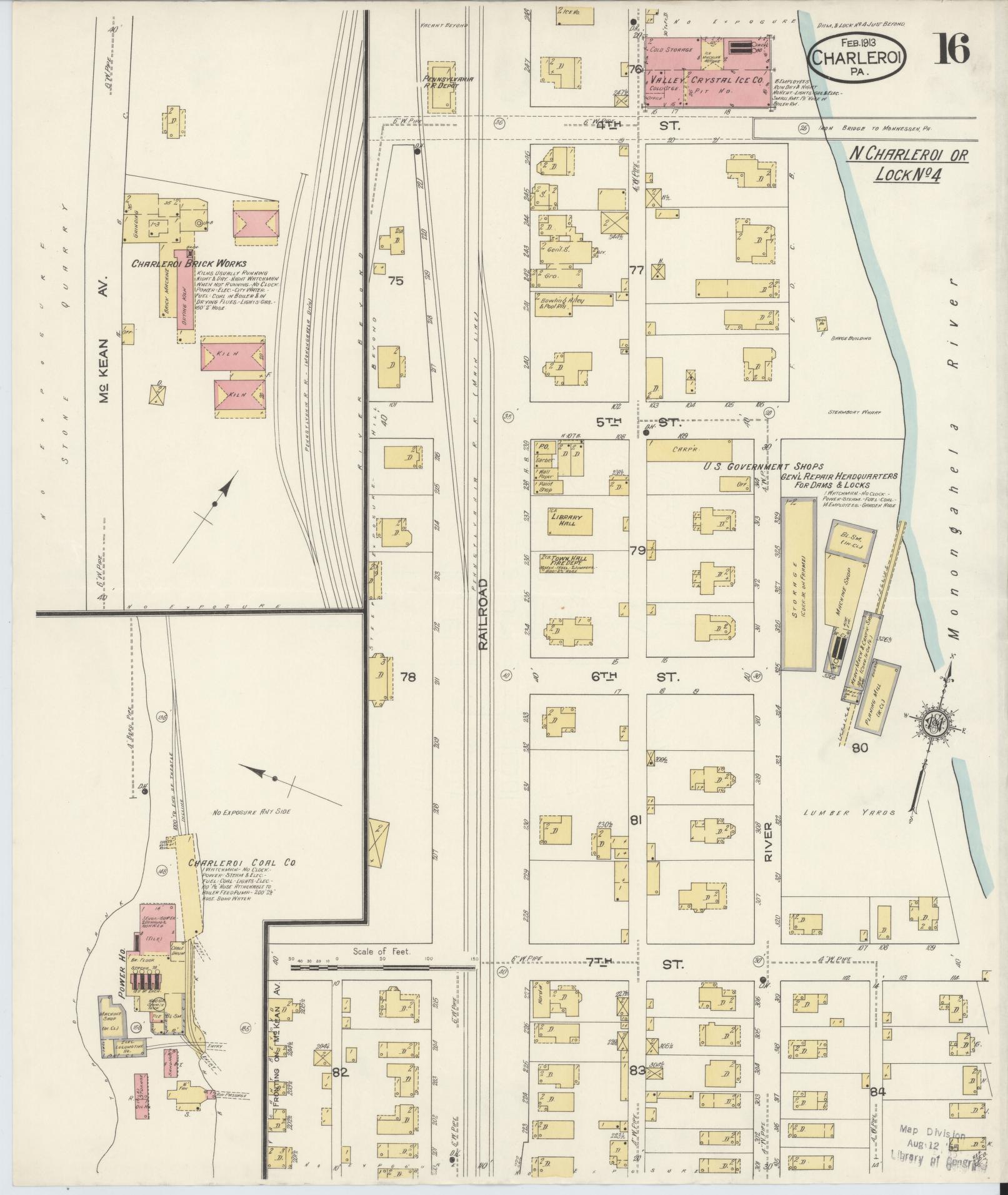 Sanborn Fire Insurance Map from Charleroi, Washington County, Pennsylvania (1913), Sheet #0016 - Historic Sanborn Fire Insurance Map Print, vintage old map wall art, antique decor, genealogy gift, Pennsylvania Pennsylvania map