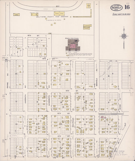 Sanborn Fire Insurance Map from Bemidji, Beltrami County, Minnesota (1922), Sheet #0016 - Historic Sanborn Fire Insurance Map Print, vintage old map wall art, antique decor, genealogy gift, Minnesota Minnesota map