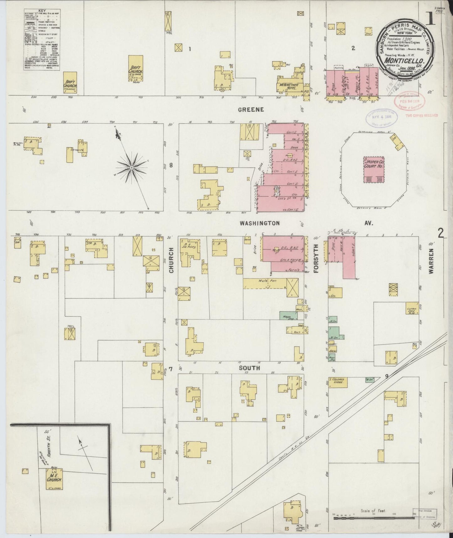 Sanborn Fire Insurance Map from Monticello, Jasper County, Georgia (1898), Sheet #0001 - Historic Sanborn Fire Insurance Map Print, vintage old map wall art, antique decor, genealogy gift, Georgia Georgia map