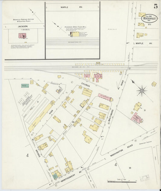 Sanborn Fire Insurance Map from Rockville, Montgomery County, Maryland (1908), Sheet #0005 - Historic Sanborn Fire Insurance Map Print, vintage old map wall art, antique decor, genealogy gift, Maryland Maryland map