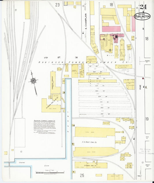 Sanborn Fire Insurance Map from Burlington, Chittenden County, Vermont (1919), Sheet #0024 - Historic Sanborn Fire Insurance Map Print, vintage old map wall art, antique decor, genealogy gift, Vermont Vermont map