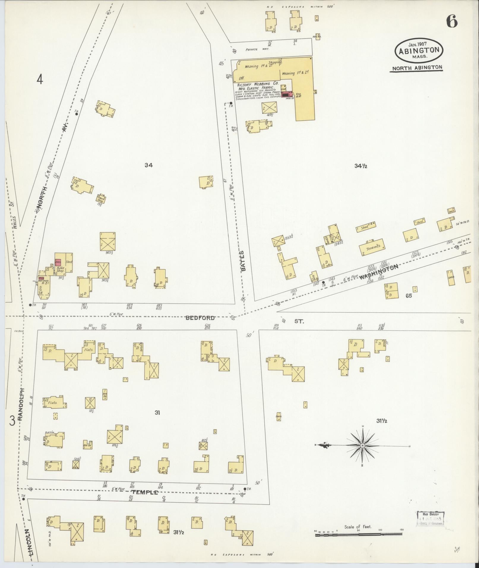 Sanborn Fire Insurance Map from Abington, Plymouth County, Massachusetts (1907), Sheet #0006 - Complete Map Set gallery image, historic Sanborn map, vintage wall art, Massachusetts Massachusetts