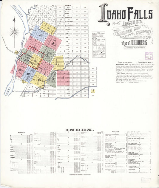 Sanborn Fire Insurance Map from Idaho Falls, Bonneville County, Idaho (1905), Sheet #0001 - Historic Sanborn Fire Insurance Map Print, vintage old map wall art, antique decor, genealogy gift, Idaho Idaho map