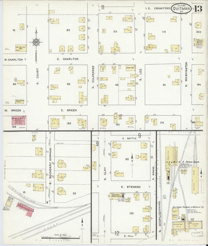 Sanborn Fire Insurance Map from Quitman, Brooks County, Georgia (1912), Sheet #0013 - Complete Map Set gallery image, historic Sanborn map, vintage wall art, Georgia Georgia